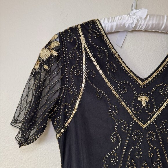 1920s Women Gold Dress V-Neck Sequin Evening Fringe Tassel Flapper Gown Black - Picture 3 of 7
